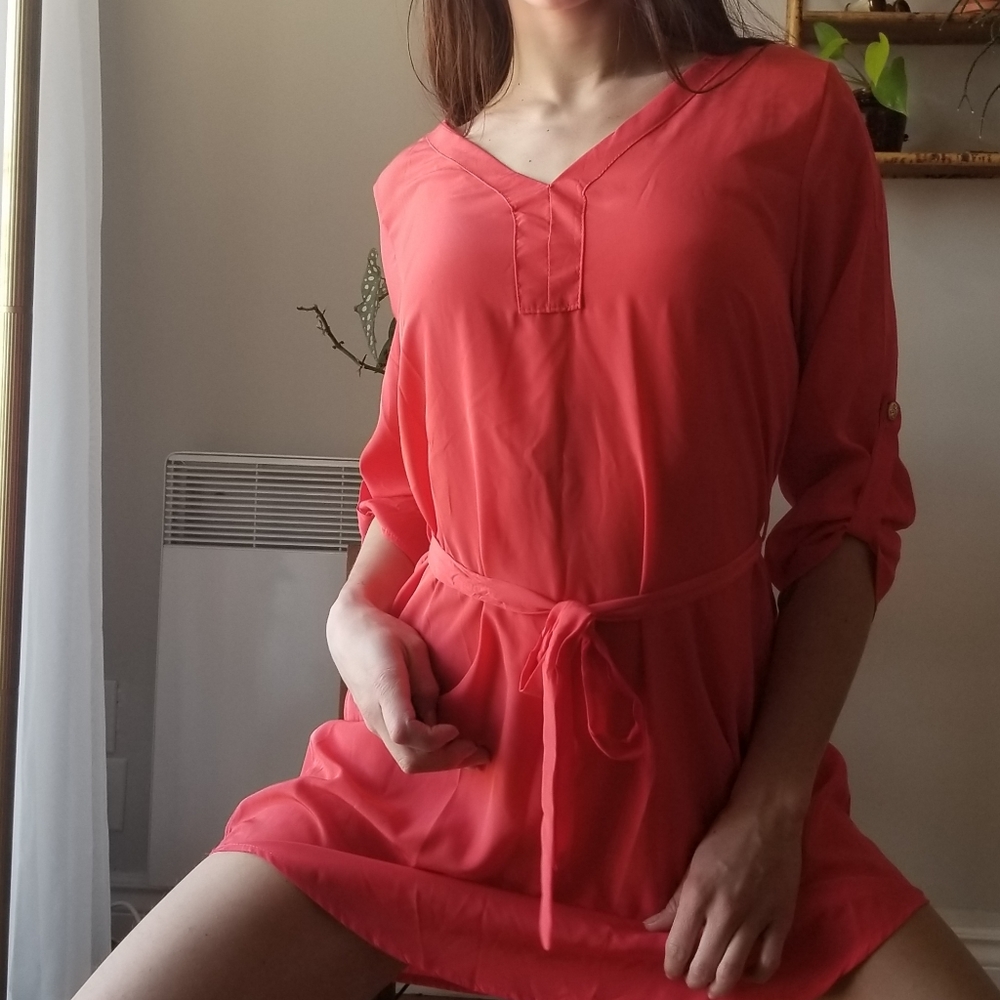 3/25$ Bright Pink Tunic Dress Summer Belted Modest - Picture 6 of 16